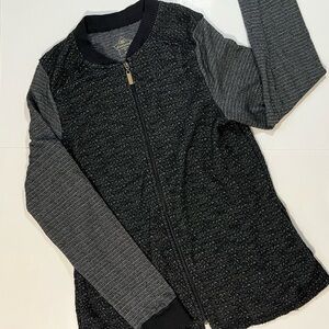 Pure Karma Speckled Marled Black Knit Front Zip Cardigan Pockets Cotton Blend XL